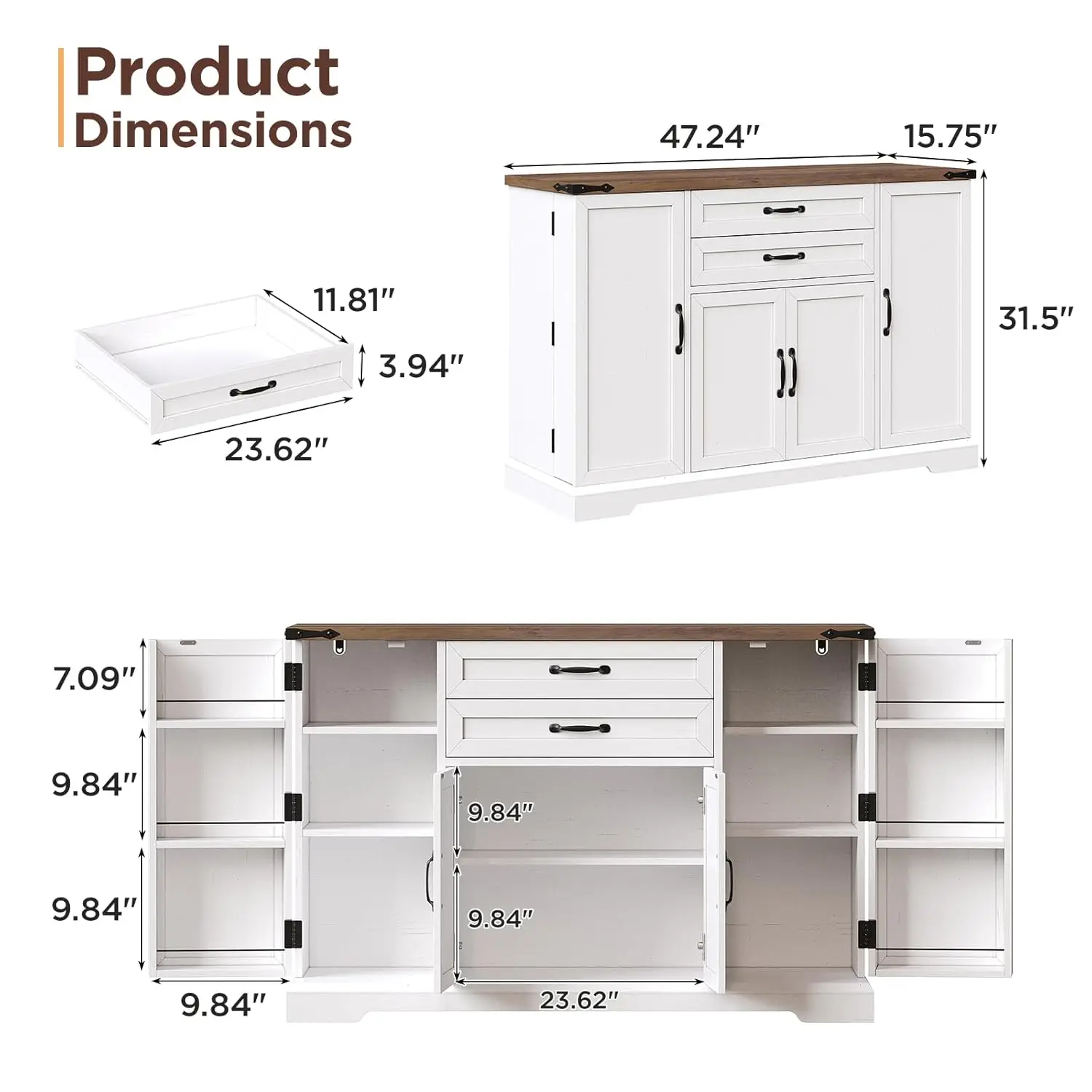 Farmhouse Sideboard Cabinet with 2 Drawers & 4 Doors, Adjustable Shelves Kitchen Dining Storage Cupboard, Customized