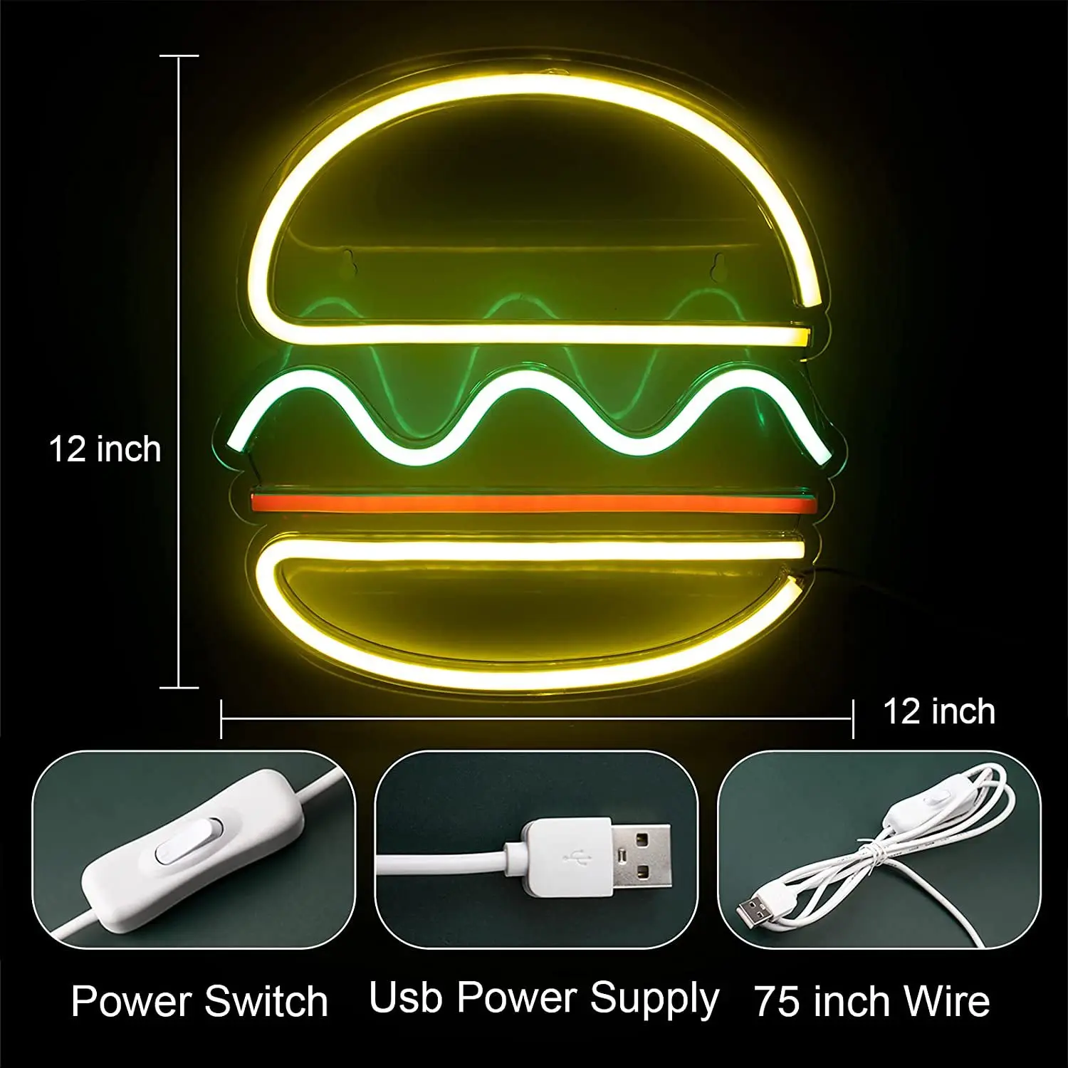 Hamburger Neon Light Neon Sign for Party Wedding Birthday Fast Food Shop Restaurant Wall Hanging LED Light Home Decoration