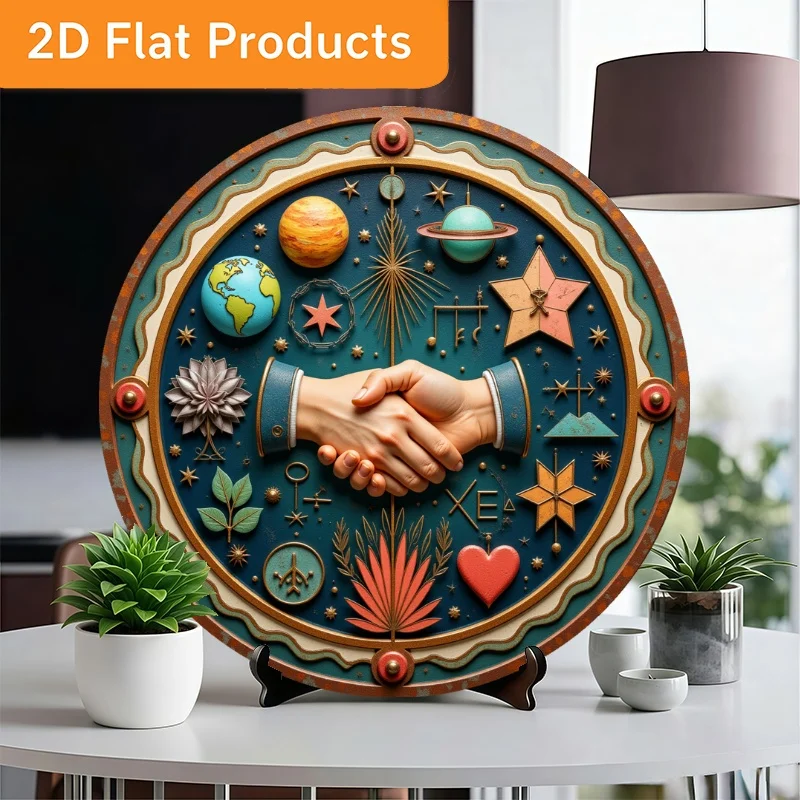 Round Metal Wall Art 11.81in Handshake Floral Design Vintage Farmhouse Decor for Women Sister Friend Grandma Gift