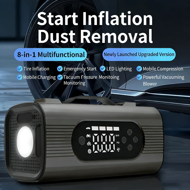 8 in1 Portable Car Jump Starter with Air Compressor dual-use wireless Vacuum Cleaner 12V Car Battery Jump Starter (Model S8)
