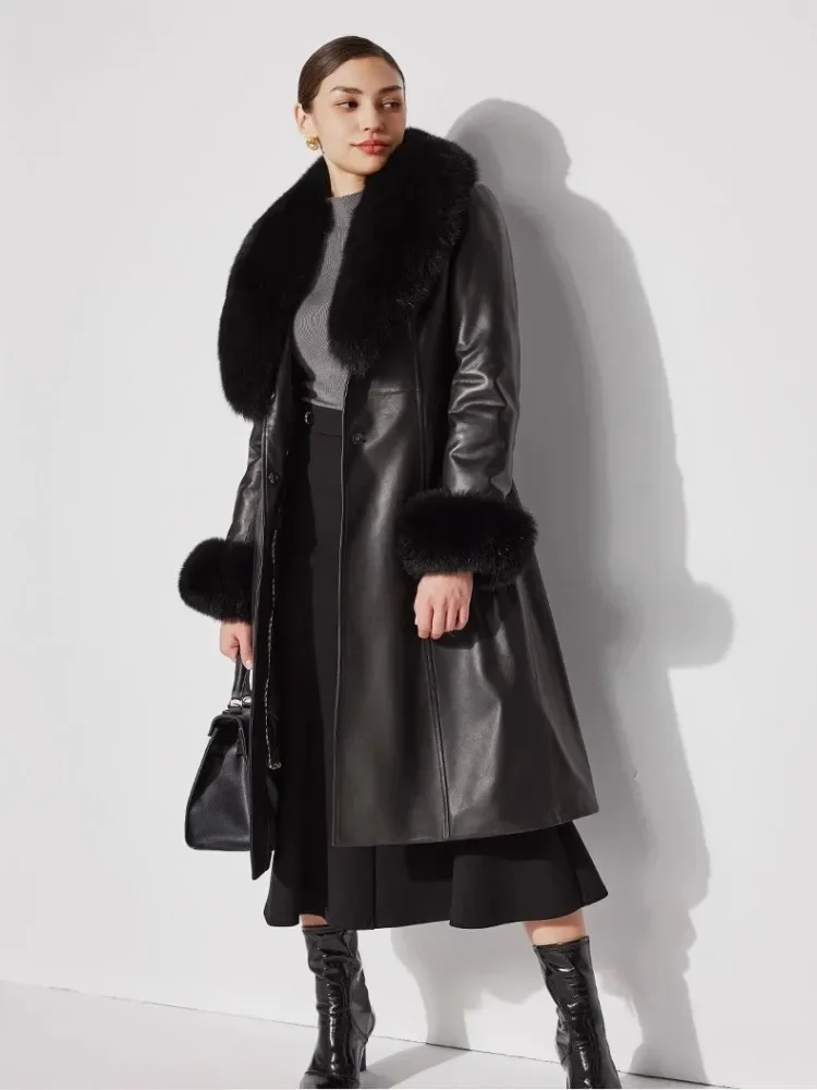 Abnehmbare Luxus Fuchs Pelz kragen Frauen Echt leder Daunen mantel schlanke Winter mode Büro Damen elegante Schaffell lange Jacke