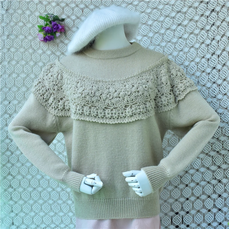 100% Wool Women Autumn Winter Vintage Hand Knitted Flower Crochet O-Neck Long Sleeves Loose Pullover Sweater Jumper Pull Tops
