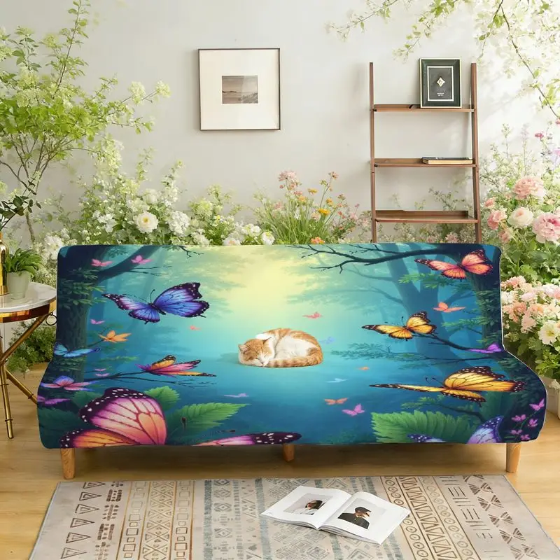 

Чехол для дивана-кровати без подлокотников с принтом, из эластичной ткани, с изображением лесной сцены и летящих бабочек.