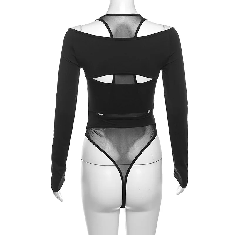 Summer women's new retro Gothic Y2K hollow out sexy tight fitting open navel mesh see through women's long sleeved jumpsuit