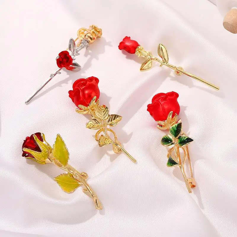 Red Rose Pins Custom Brooches Casual Suit Corsages Elegant Plant Jewelry Accessories Gift for Women Girl Friend