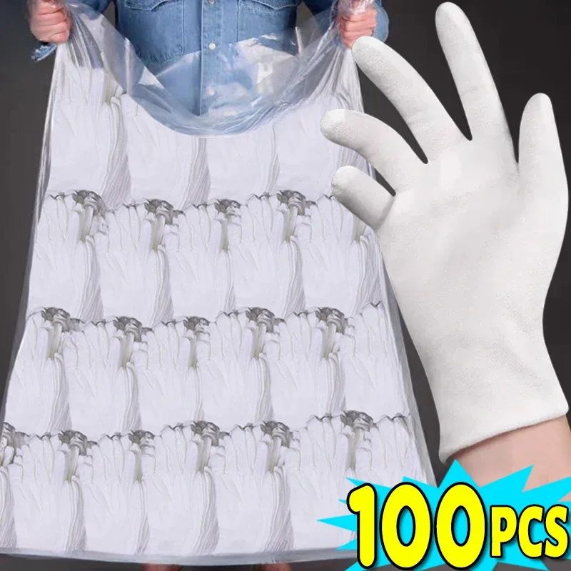 100Pcs White Cotton Work Gloves for Dry Hands Handling Film SPA Gloves Ceremonial High Stretch Gloves Household Cleaning Tools