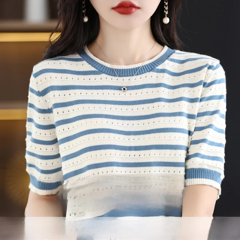 Spring Summer 2023 Women's Knitted Hollow out Cotton Linen T-Shirt Short Sleeve Loose Fit Top Korean Style round Neck Pullover
