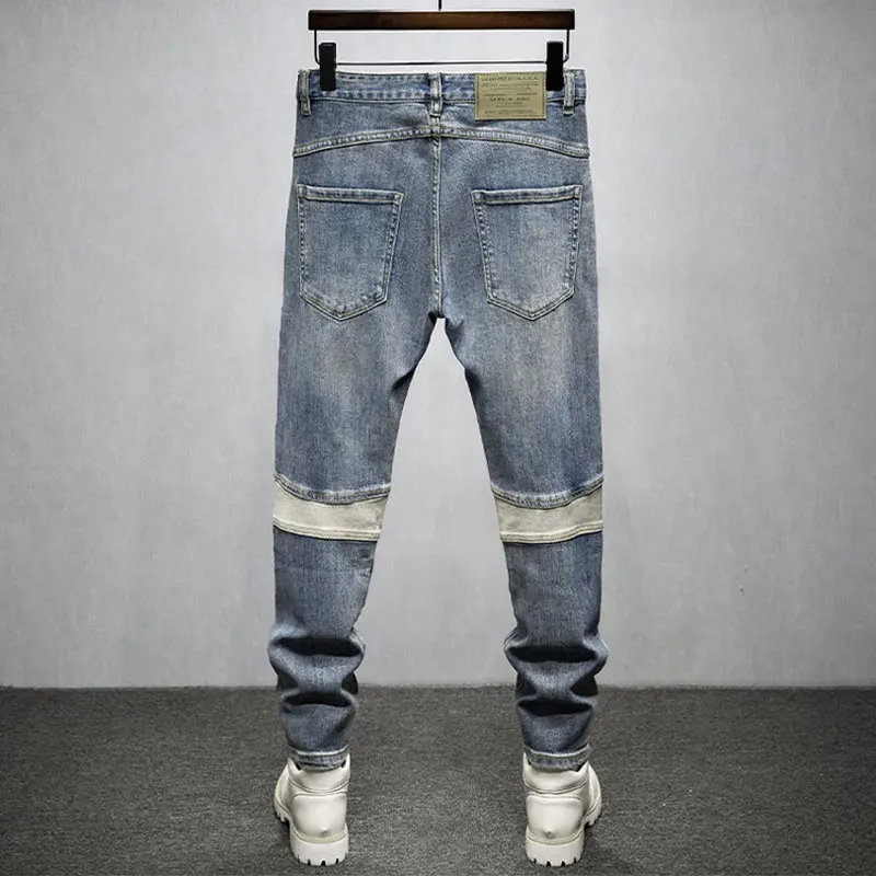 High Street Fashion men's patchwork jeans retro washed blue stretch slim fit patchwork split jeans designer hip-hop denim pants