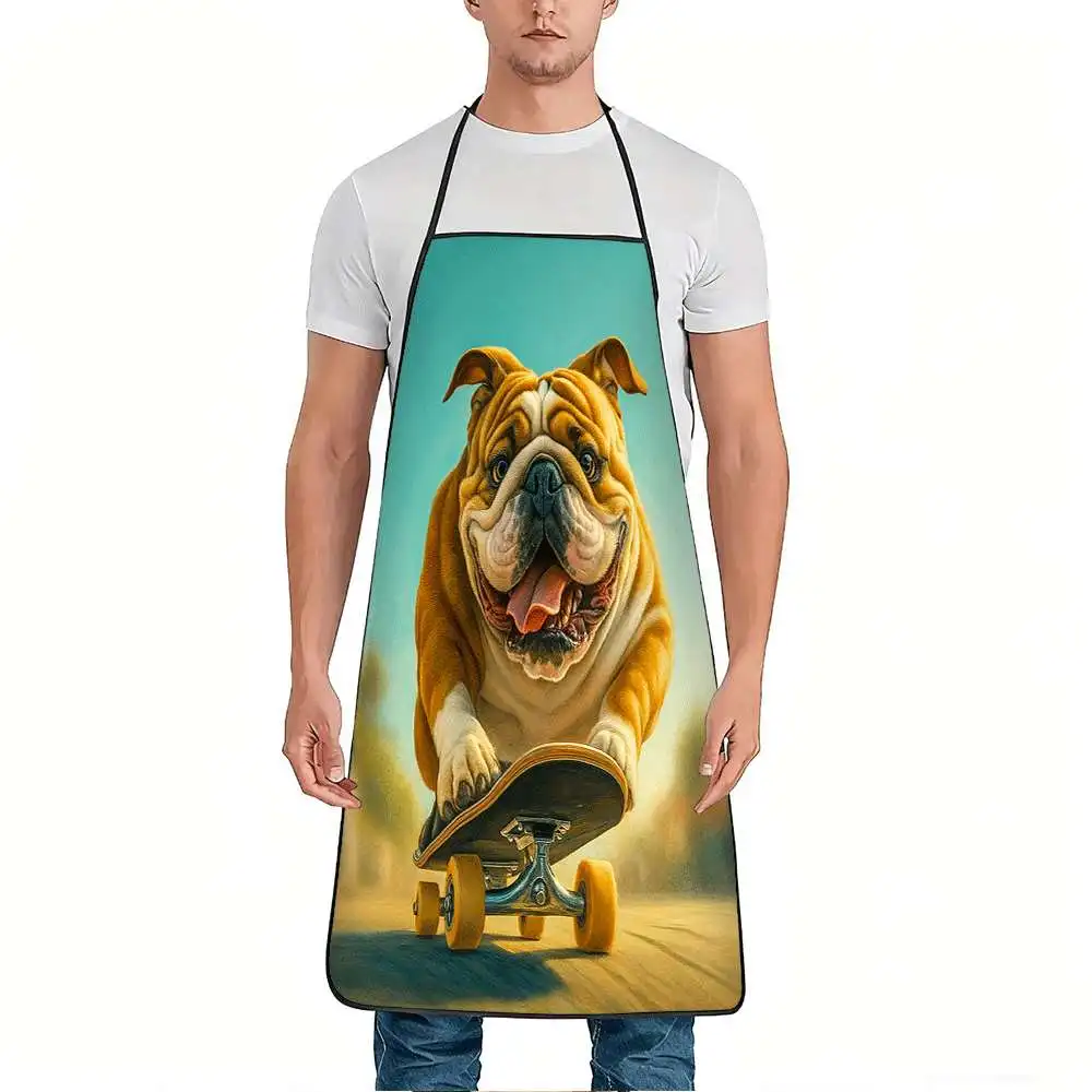 1pc Funny Skateboarding Bulldog Apron with Skateboarding Bulldog Print - Adjustable Waistband, Durable & Easy-Clean Polyester fo
