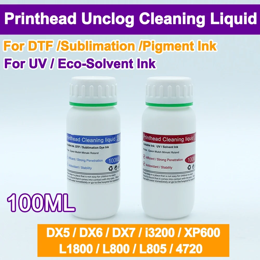 

DX5 DX6 DX7 100ML Printhead Unclog Cleaning Liquid UV Solvent Ink DTF Sublimation Dye Ink Print Head Repair Clogged i3200 4720