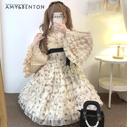 

French Temperament Chiffon Multi-layer Suspender Dress Women Sweet Bow Print Splicing Color Square Neck Slim Ball Gown Dresses