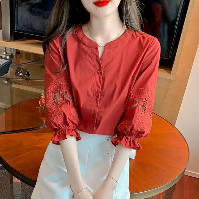 Women\'s Clothing Embroidery Hollow Simple Cotton Button Up Shirt Summer Trendy 3/4 Sleeve Solid Loose Blouses Casual Chic Blusas