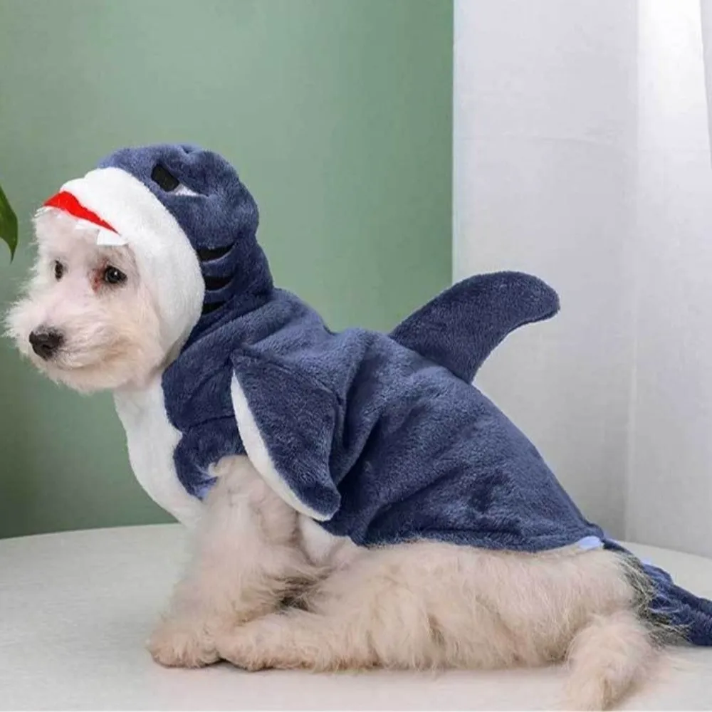 

Fleece Pet Shark Cosplay Costume Cute Style Warm Animal Dress Up Outfits Thicken Comfortable Cat Fleece Hoodie Pet Dress Up