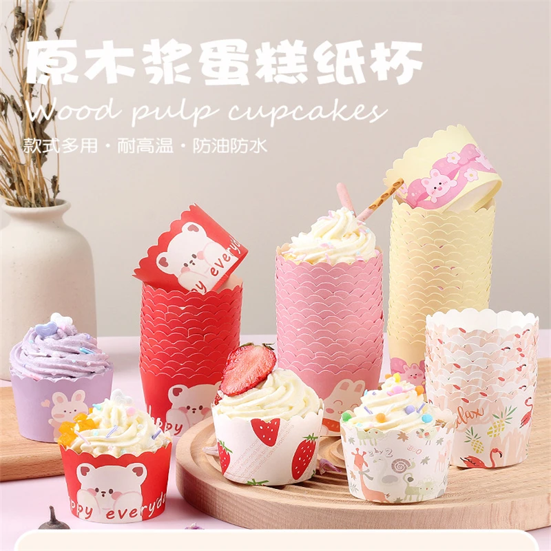 50 Uds. De vasos de papel para magdalenas con forma de tulipán y animales de dibujos animados, revestimiento para magdalenas a prueba de aceite, taza para hornear muffins, herramientas de decoración de pasteles, fundas para envolver