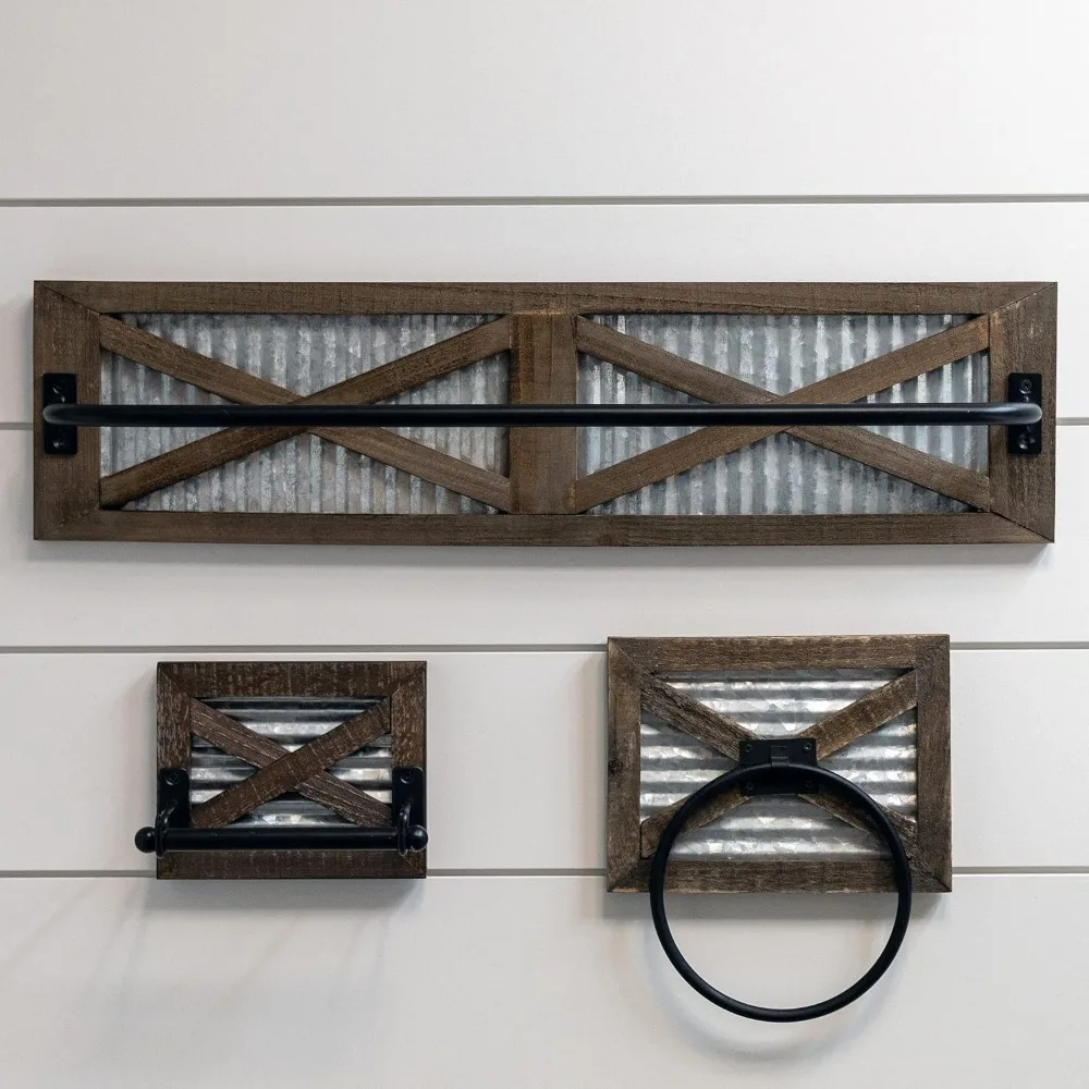 حامل ورق المرحاض على الحائط على شكل مزرعة ومجموعة حلقات المناشف، مجموعة ملحقات الحمام المكونة من 3 قطع، حاملات رف المناشف الريفية