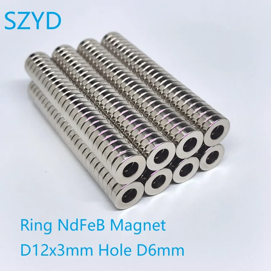 100 200PCS/LOT N35 Ring NdFeB Magnet 12*3 Hole D6 Strong Standard Size Rare Earth Permanent Neodymium Magnets 12x3-6