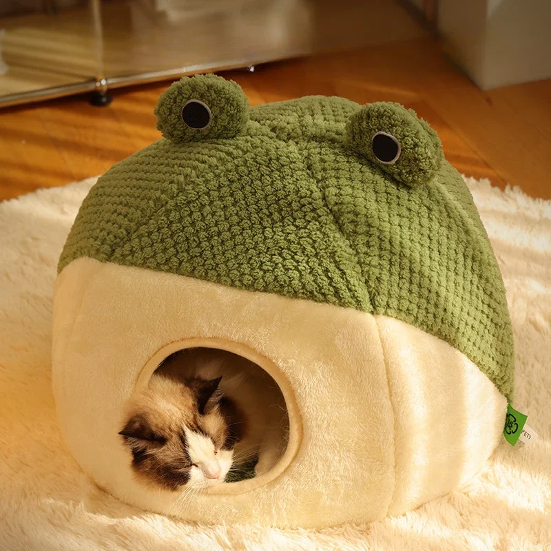 Soft Cat Beds Little Frog Series Semi Enclosed Cat Nest Autumn and Winter Warm Plush House Dog Nest Cat Accessories