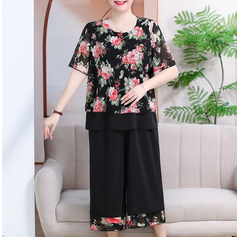 

Summer Chiffon 2 Piece Sets Women Outfit Oversize 2024 Casual Elegant Loose Wide Legs Pant Sets Summer Clothes High Quality