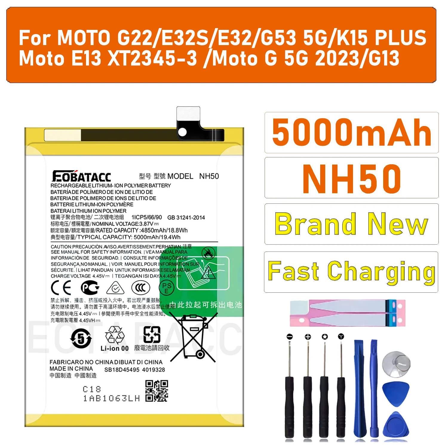 2026 Years 100% Original 5000mAh NH50 Battery For MOTO G22 / MOTO G53 Replacement Batteries Rechargeable Battery +Free Tool