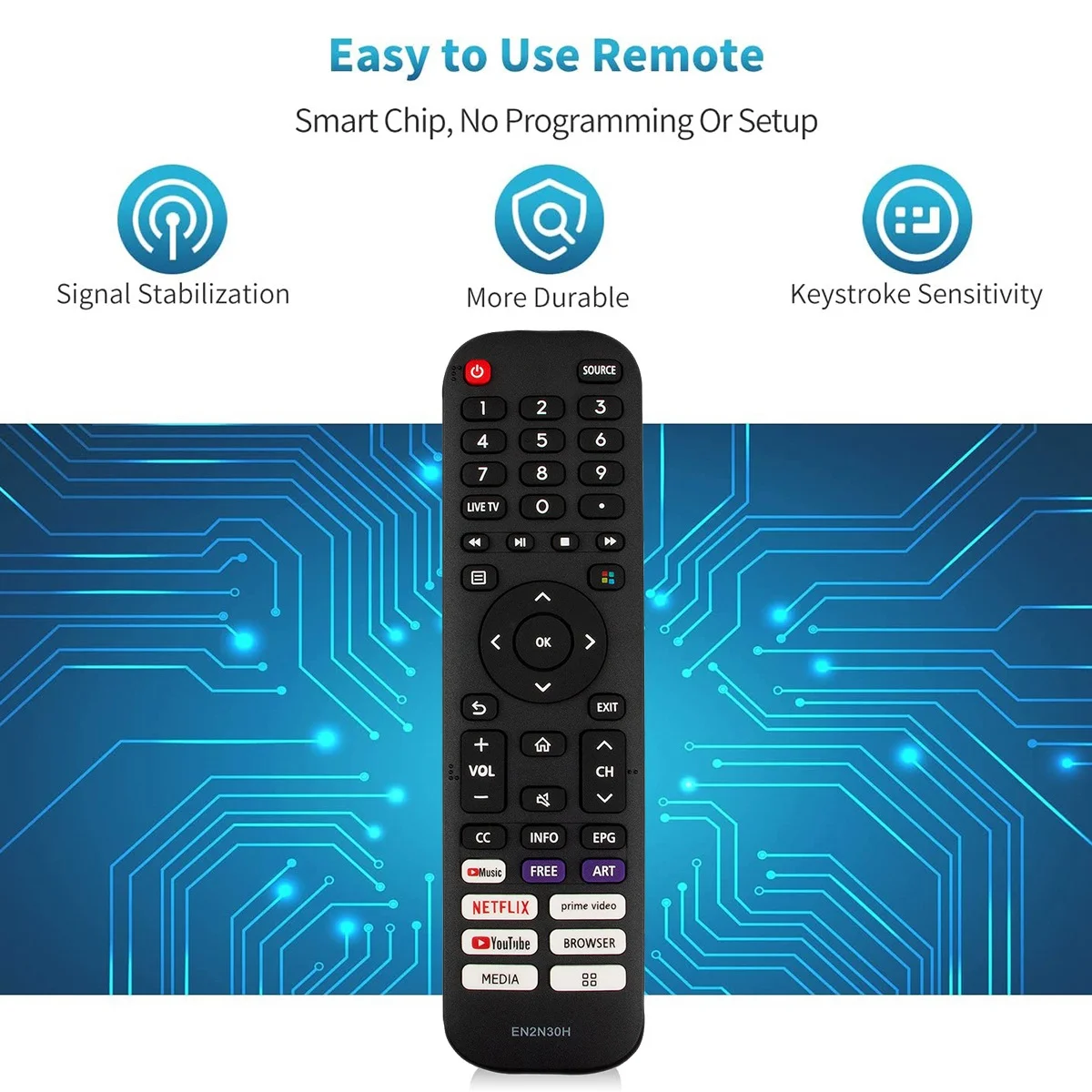 EN2N30H Remote Control Replace for Hisense 4K UHD LED Smart TV 43H6G 50H6G 55H6G 65H6G EN2N30H 50A7300F 55A7300F