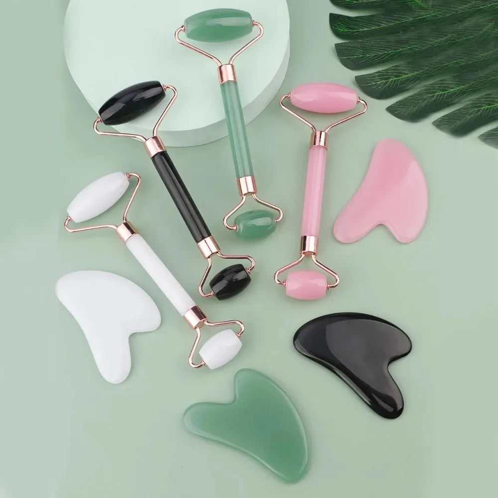 2 ชิ้นเรซิ่นลูกกลิ้งนวดหน้า Guasha ชุดเครื่องนวดหน้าความงามขูด Face Roller ยกคอ Body Skin Care เครื่องมือ