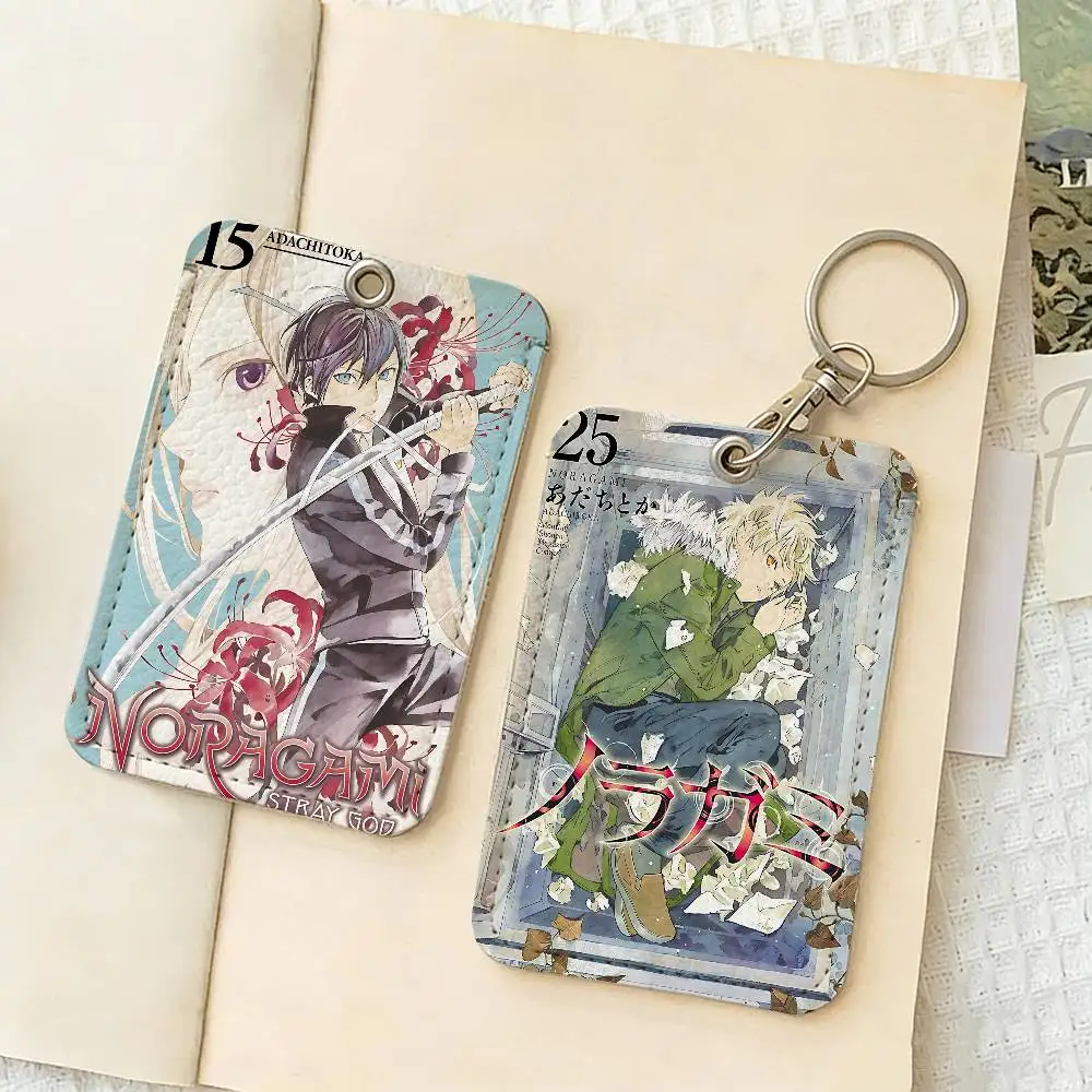 classic N-noragami Japanese Anime Rectangle ID Card Case Keychain Access Card Bag Key Tag Ring Leather Card Holder Key