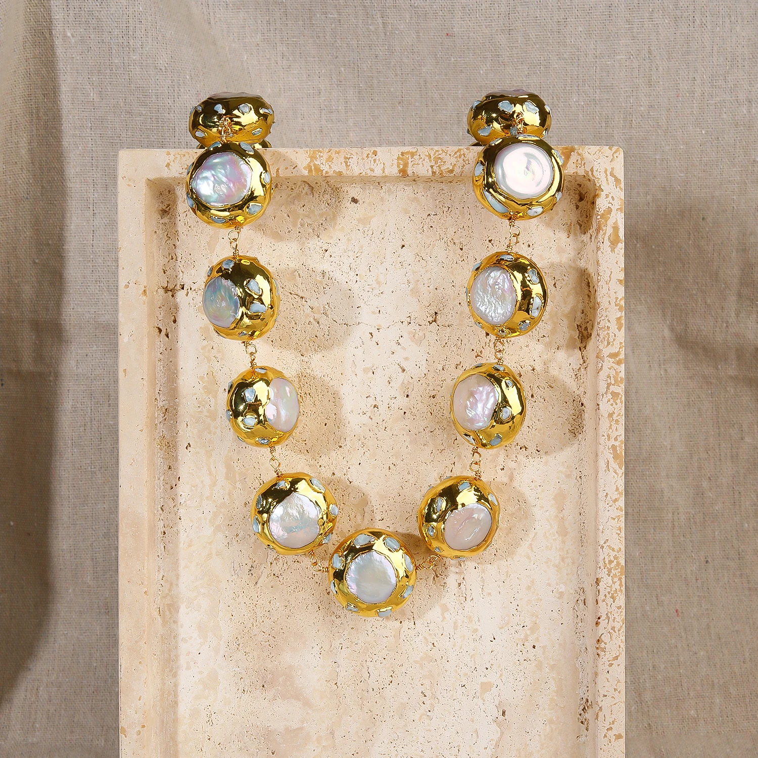 

Trendy Gorgeous Natural Pearl Charm Necklace Bezel Setting Larimar Gemstone Classic Fashion Jewelry for Weddings Parties