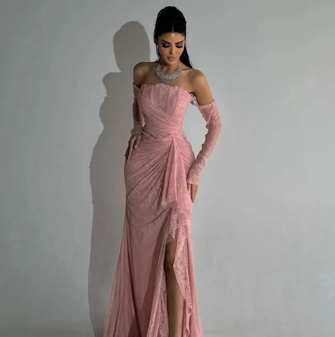 Classic Pink Lace Formal Evening Dress Strapless Pleats Side Slit Long Mermaid Prom Pageant Party Gowns Robe De Soiree Gala