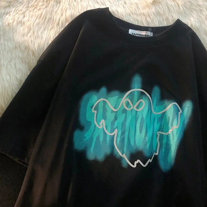 شارع العليا ريترو Harajuku المرأة تي شيرت الكرتون لطيف رسالة نقية مستديرة الرقبة قصيرة الأكمام الطباعة فضفاضة رداء علوي غير رسمي تي شيرت Y2K