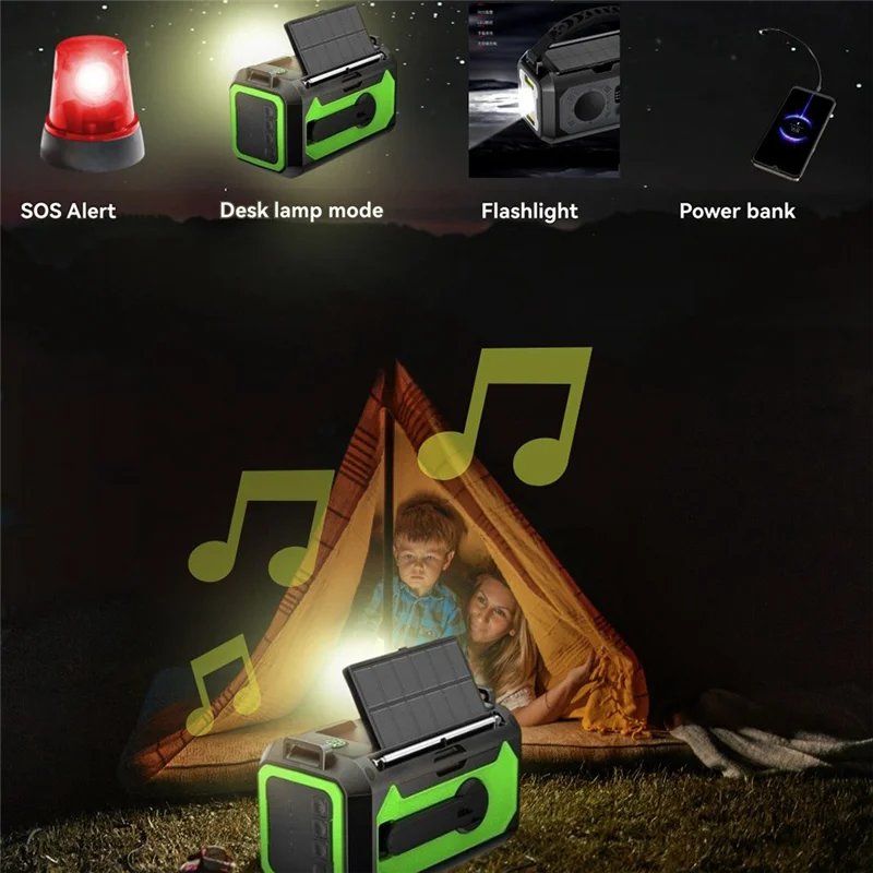 

ABSQ-Outdoor Camping Essential: Dark Green 12000Mah Weather Radio With Solar Hand Crank, AM/FM/NOAA, And SOS Alarm
