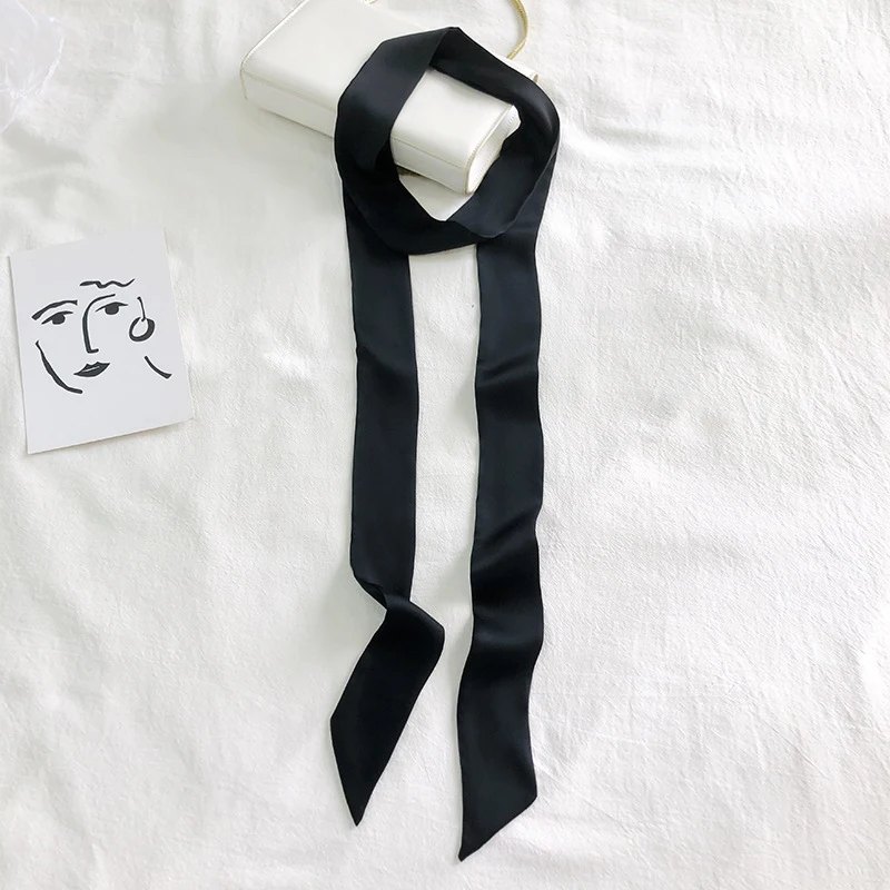 Women Narrow Long Scarf Solid Color Chiffon Silk Rubber Red Tie Black Bag Ribbon Headbands Choker Streamer 200x5cm Fashion