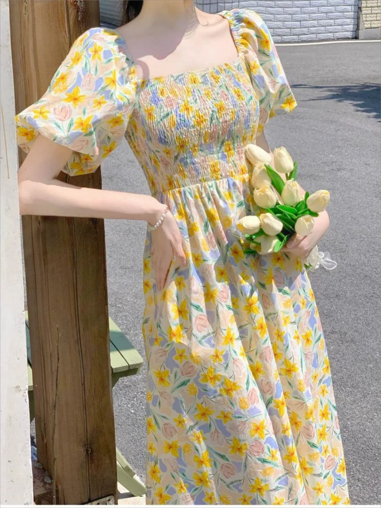 Franse Stijl Bloemen Midi Jurk Vrouwen 2024 Zomer Mode Vierkante Kraag Pofmouw Smocking A-Lijn Elegante Jurken