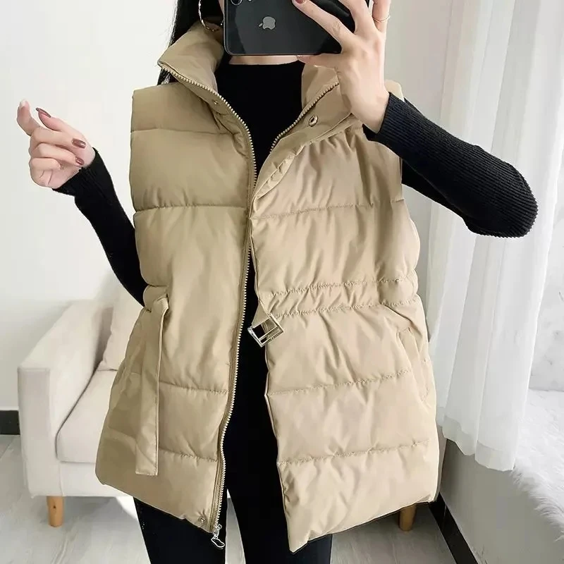 New autumn and winter down jacket pure color tie up waist stand collar sleeveless down jacket vest for women