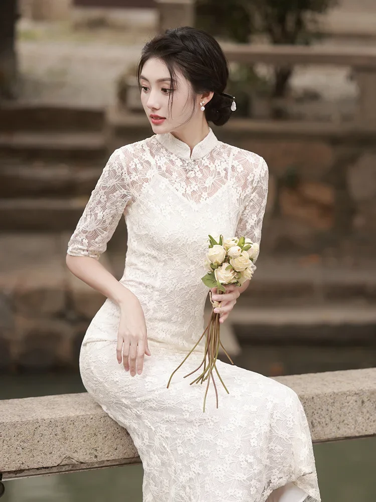 Cheongsam Dress Women's Slim Plus Size 2024 Spring Lace Hollow Splicing Stand Collar Chinese Style Qipao Fishtail Dresses Woman