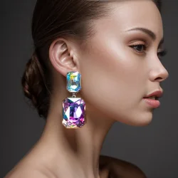 Statement Rectangular AB Crystal Earrings Dangle Jewelry foir Women Exaggerated Big Earrings Bridal Weddding Ear Jewelry Gift