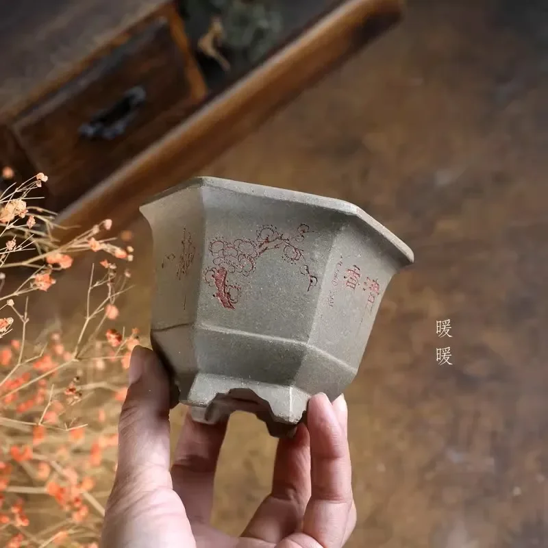 Chinese Flower Carved Garden Decoration, Round Hexagon Bonsai Pot, Purple Sand, Khaki, Handmade, Tradition
