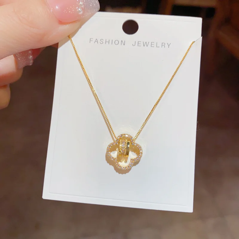 

Gold 2025 Spring New Exquisite Fashion Micro Inlaid Zircon Four Leaf Flower Necklace, niche, light luxury, small waist, collarbo