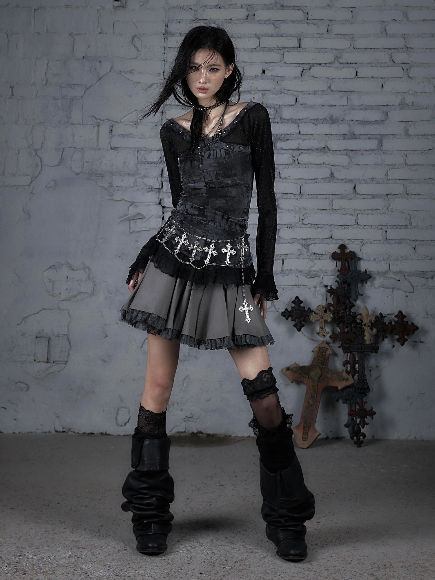 تي شيرت نسائي بأكمام طويلة وتصميم أصلي بنمط الشارع، فضفاض ومرن مع تطريز شبكي رقيق لبداية الربيع #5