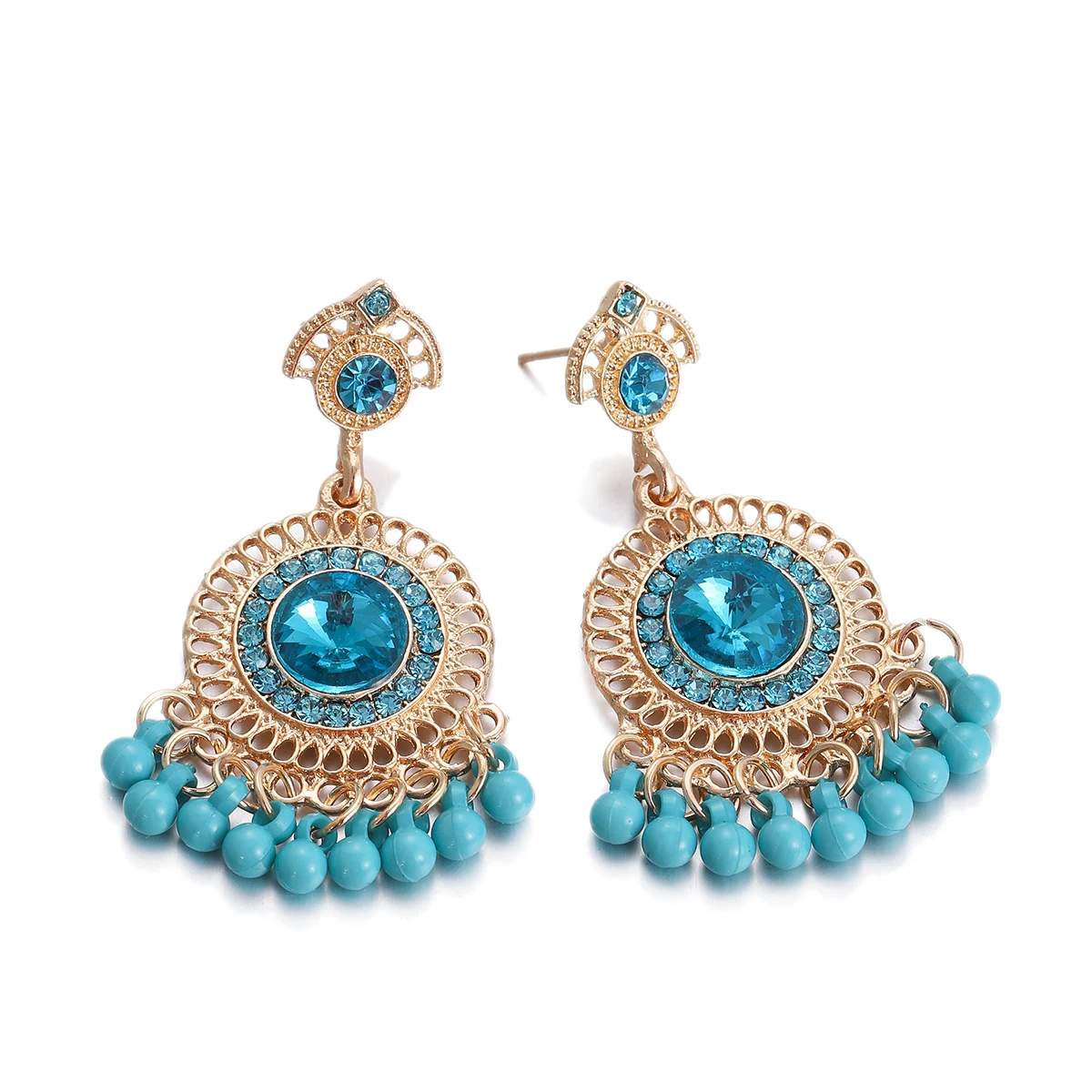 Vintage Runde eingelegte Strass Indische Ohrringe für Frauen Luxus Blaue Kristall Perle Quaste Ohrringe Jhumka Schmuck Geschenk