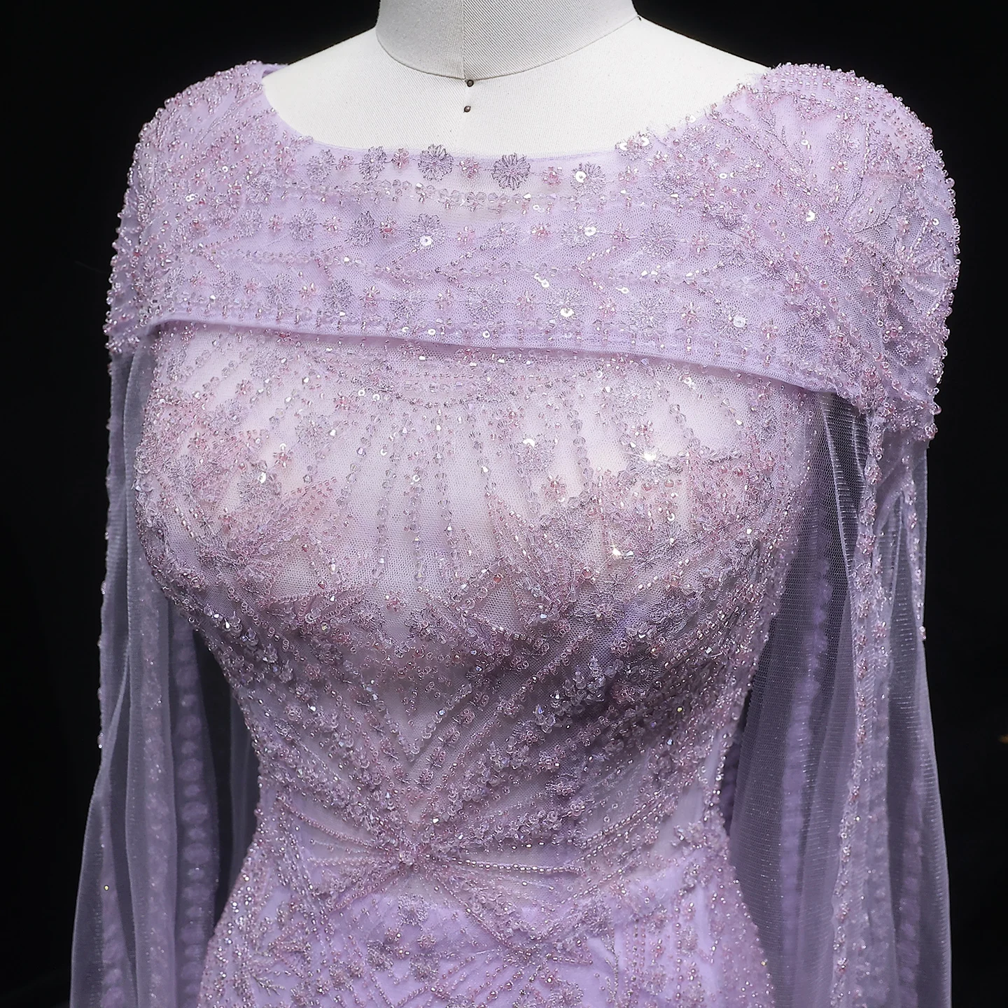 Sharon Said Elegante Fliederfarbene Meerjungfrauen-Abendkleider mit Cape-Ärmeln, Luxuriös Perlenbestickte Arabische Damen-Abendkleider SS019 Maßanfertigung – Detail 9