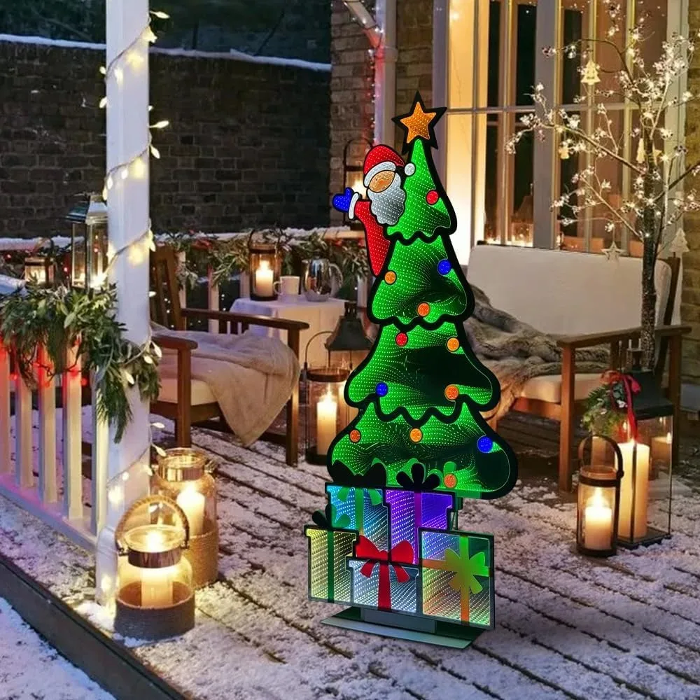 شجرة عيد الميلاد بطول 6 أقدام مع سانتا وصندوق هدايا، مرآة إنفينيتي، ضوء نفق ثلاثي الأبعاد لا نهاية له للمنزل والحفلات الداخلية والخارجية