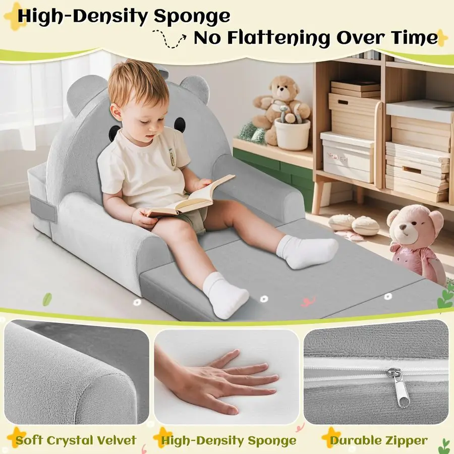탈부착 가능한 세탁 가능한 커버와 매직테이프 등받이가 있는 소파 침대, 접이식 유아용 의자, 놀이 시간을 위한 편안한 크리스탈 벨벳 가구