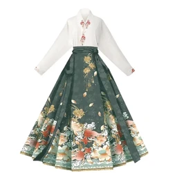 New Chinese Horse Face Skirt Two-piece Women's 2024 New Hanfu Female Tops Fashion Loose Print Birthday Party Banquet Dance Dress
