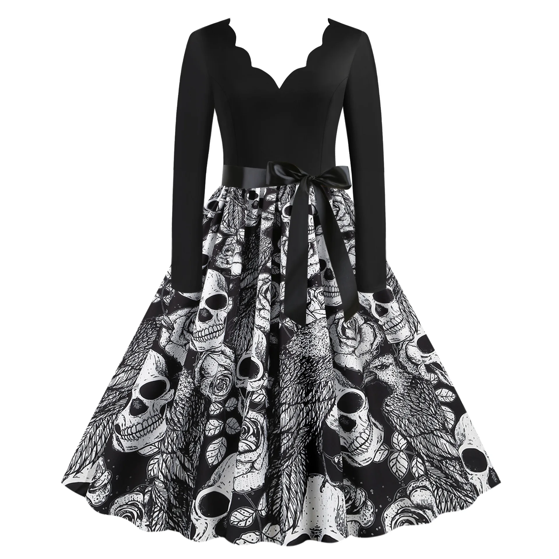 Cosplay Scary Skull Print Halloween Costumes Carnival Dress Up Party for Women Long Sleeve1950s Evening Party Prom Dress Elegant