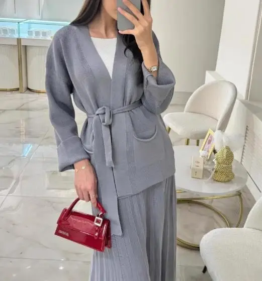 

Two Piece Set Women Outfit 2025 Spring Autumn Pocket Design Lace Up Long Sleeve Cardigan & High Waist Casual Pleated Skirt Set