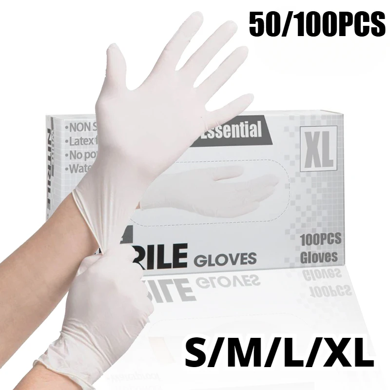 

100/50PCS Nitrile Gloves White Disposable Gloves for Household Cleaning Nail Art Kitchen Bathroom Home Use