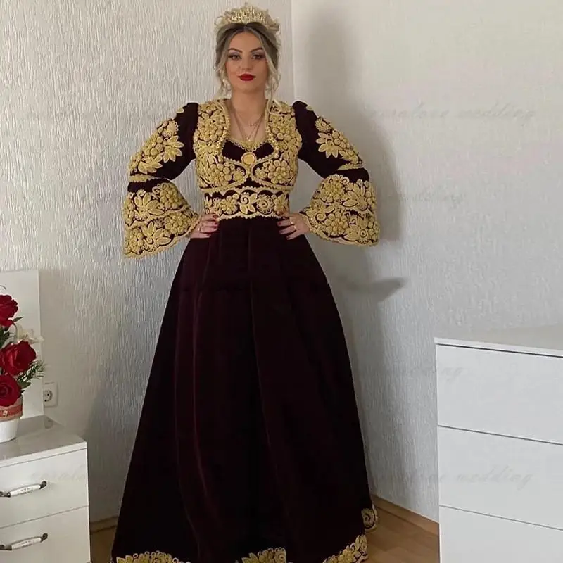 Burgundowe aksamitne tradycyjne suknie wieczorowe Kosowo Vestidos Formales albański kaftan aplikacja na bal sukienka Robe De Soiree De Maria
