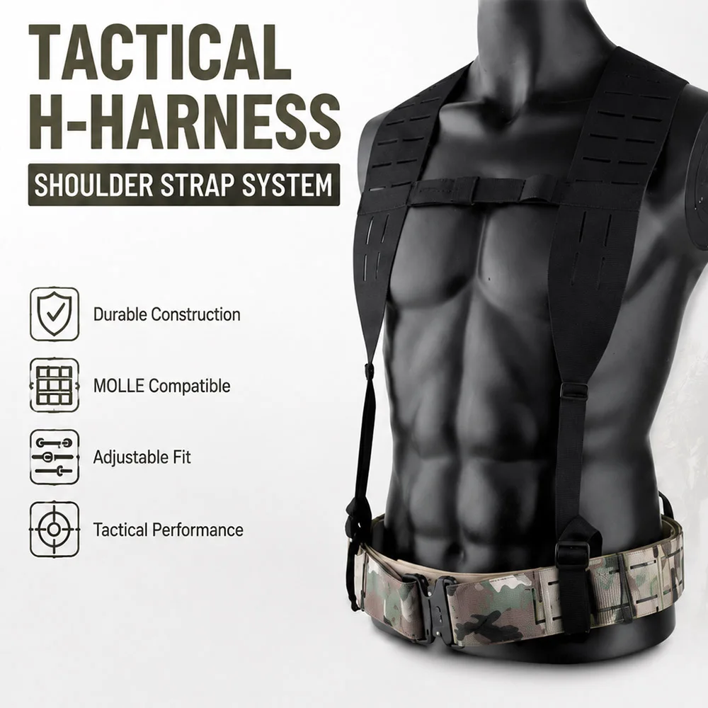 Tactical MOLLE H-Harness Shoulder Strap Adjustable Laser‑Cut Function Suspenders for Airsoft Wargame Outdoor Military Training