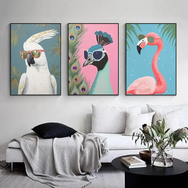 1pc frameless Canvas Painting Sunglasses Birds Canvas Paintings Flamingo Peacock Cockatoo Bird Modern Pastel Poster Wall Art Pri