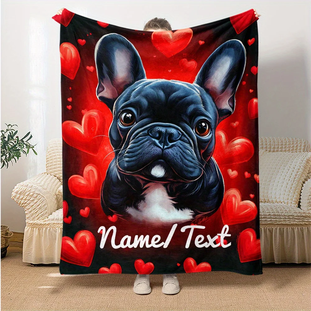 Personalisierte Flanelldecke mit französischer Bulldogge, weich, warm, mit bezauberndem Hundedesign und roten Herzen für Zuhause, Reisen, Camping, Geschenke